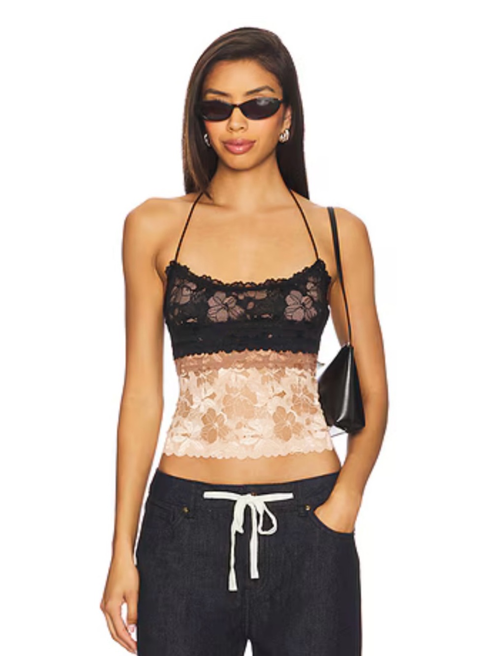 Free People Dream of Me Lace Black and Beige Cami Top